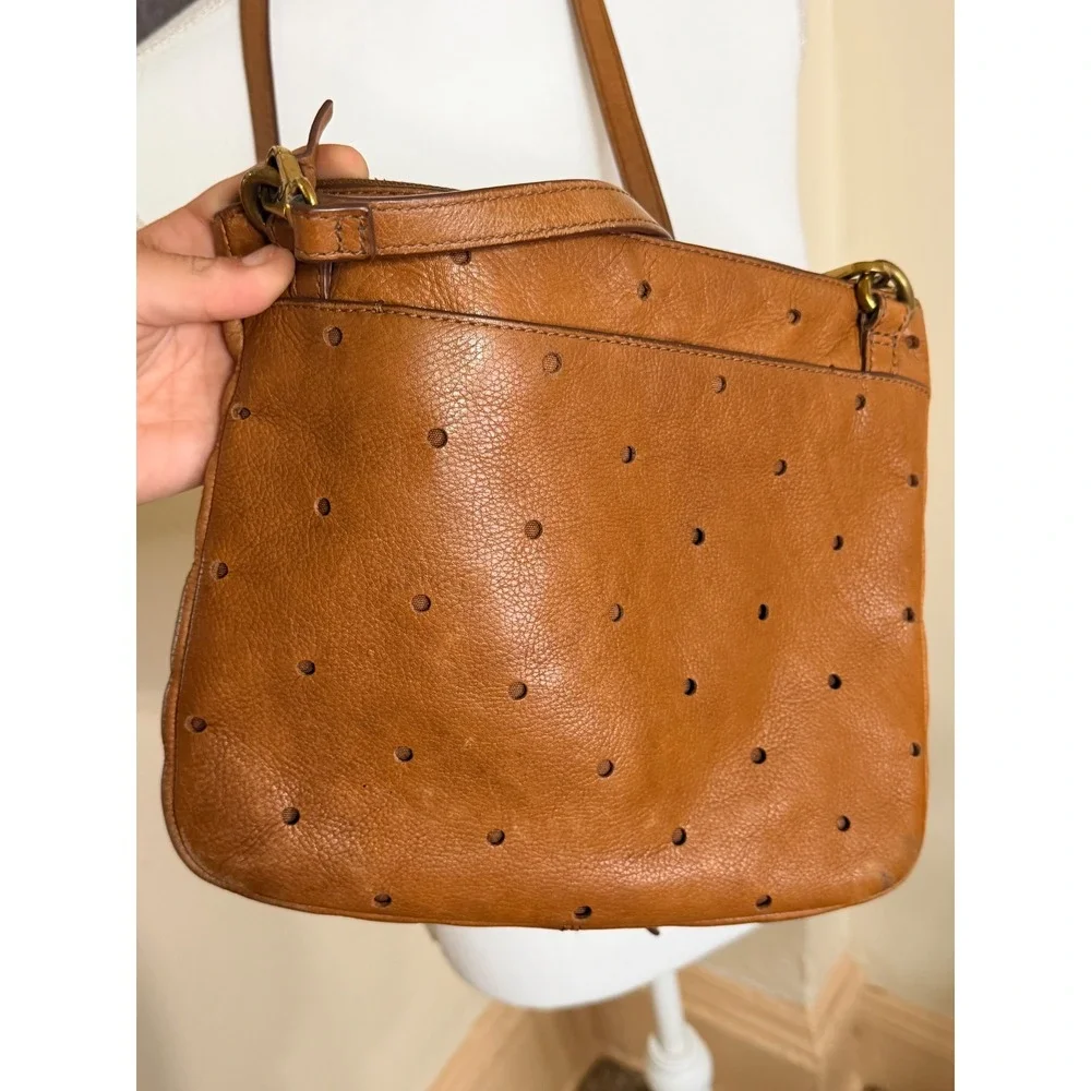 Fossil Brown Leather Perforated Crossbody Bag Cognac Zip Top Messenger Purse